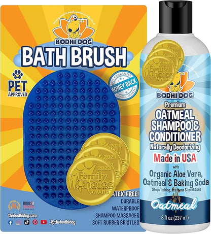 Bodhi Dog Shampoo Brush &amp; Oatmeal Shampoo and Conditioner Bundle - Grooming Essentials for Pets, Short Hair Scrubber, Soothes and Moisturizes Dry, Itchy Skin - Hydrates &amp; Nourishes