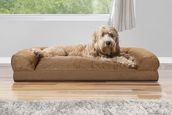 Furhaven Pillow Dog Bed for Large/Medium Dogs w/ Removable Bolsters &amp; Washable Cover - Quilted Sofa - Toasted Brown, Large