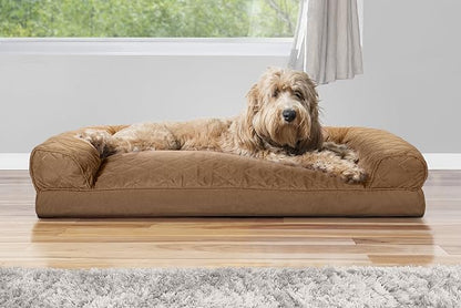 Furhaven Pillow Dog Bed for Large/Medium Dogs w/ Removable Bolsters &amp; Washable Cover - Quilted Sofa - Toasted Brown, Large