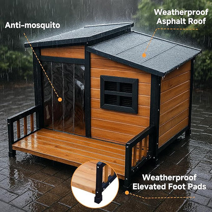 GARWOOD Large Outdoor Indoor Wooden Dog House for Small Large Dog Kennel Wood Sturdy Pet Puppy Warm Home with Durable Weatherproof Asphalt Roof Insulated Elevated Floor Outside Shelter Brown 39x37x30“
