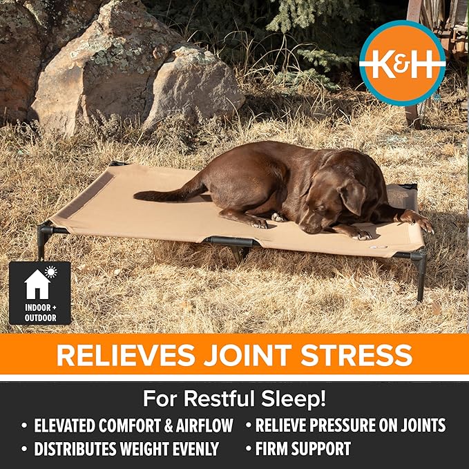 K&amp;H Pet Products Cooling Elevated Dog Bed, Outdoor Raised Cot with Waterproof Breathable Mesh for Medium Dogs, Portable Place Bed with Heavy-Duty Metal Frame &amp; Hammock Style Cover - Medium Tan
