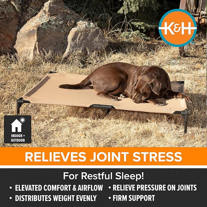 K&amp;H Pet Products Cooling Elevated Dog Bed, Outdoor Raised Cot with Waterproof Breathable Mesh for Medium Dogs, Portable Place Bed with Heavy-Duty Metal Frame &amp; Hammock Style Cover - Medium Tan