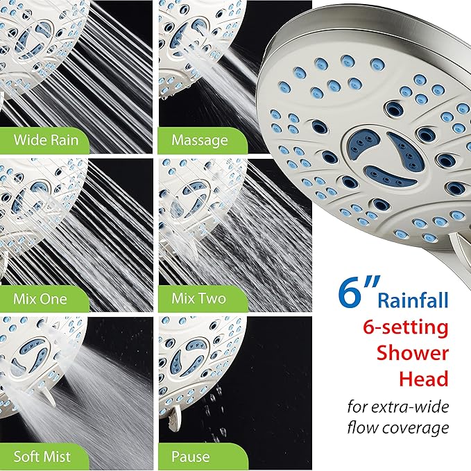 Hotel Spa AquaCare As-Seen-On-TV High Pressure Handheld/Rain 50-mode 3-way Shower Head Combo with Adjustable Arm - Anti-clog Nozzles, Tub &amp; Pet Power Wash, 6 ft. Stainless Steel Hose, Nickel Finish