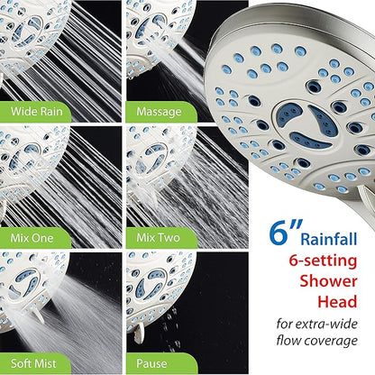 Hotel Spa AquaCare As-Seen-On-TV High Pressure Handheld/Rain 50-mode 3-way Shower Head Combo with Adjustable Arm - Anti-clog Nozzles, Tub &amp; Pet Power Wash, 6 ft. Stainless Steel Hose, Nickel Finish
