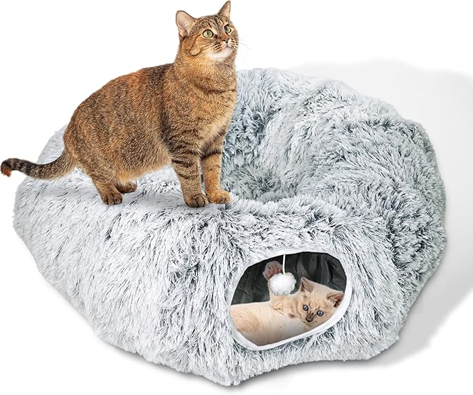 Cat Donut Bed with Washable Cushion – Cat Caves for Indoor Cats – Collapsible Donut Bed with Peekaboo Pet Tunnel &amp; Tunnel Toy – Cozy Hideout for Kittens, Ferrets, Rabbits &amp; Dogs – Grey