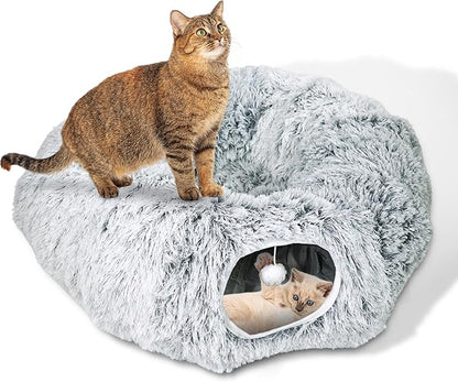 Cat Donut Bed with Washable Cushion – Cat Caves for Indoor Cats – Collapsible Donut Bed with Peekaboo Pet Tunnel &amp; Tunnel Toy – Cozy Hideout for Kittens, Ferrets, Rabbits &amp; Dogs – Grey