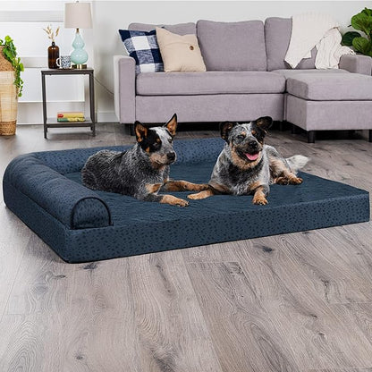 Furhaven Cooling Gel Dog Bed for Large Dogs w/ Removable Bolsters &amp; Washable Cover, For Dogs Up to 125 lbs - Plush &amp; Almond Print L Shaped Chaise - Blue Almonds, Jumbo Plus/XXL