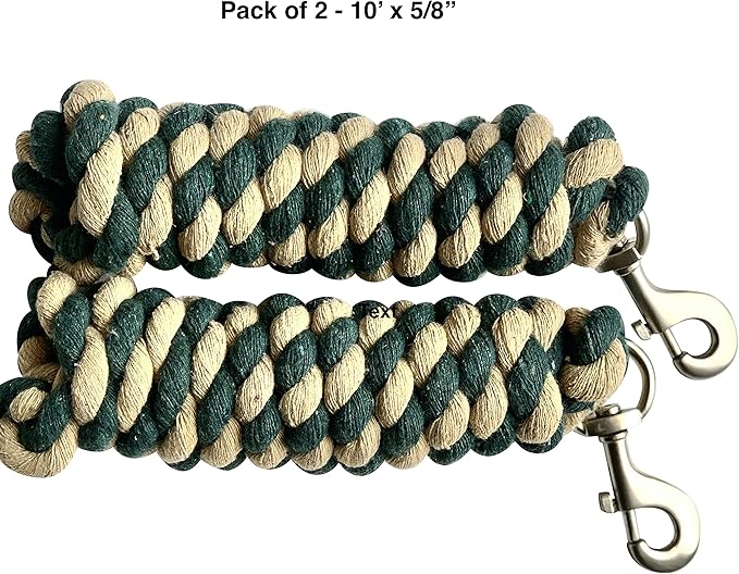 Majestic Ally Pack of 2 Solid Cotton Lead Rope for Horses &amp; Livestock – 10 Foot Long and 5/8 inch Thick - Replaceable Heavy-Duty Satin Bolt Snap – Handmade – Soft, Broken in Feel (Hunter Green -Tan)