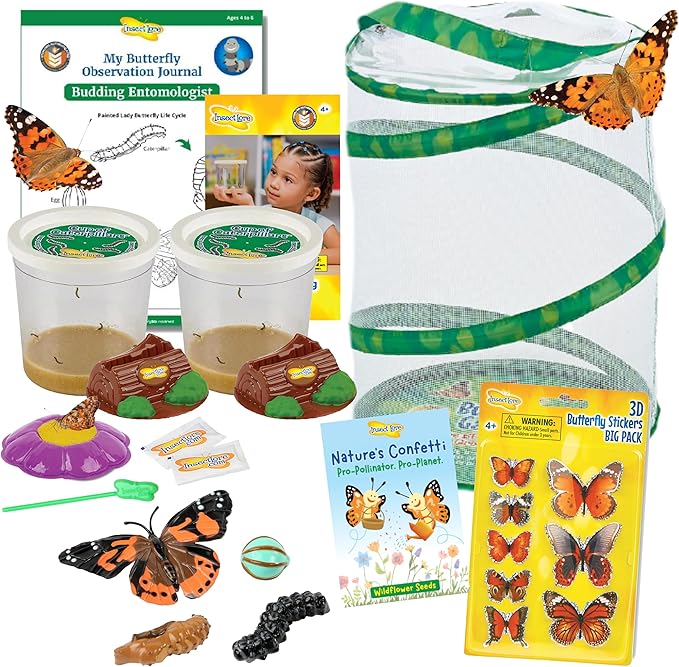 Insect Lore Butterfly Garden Kit with Live Caterpillars – Grow 10 Painted Lady Butterflies | STEM Learning Activity, Habitat with Journal, Stickers, Seeds &amp; Figurines | As Seen on TV