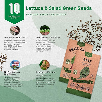 Organo Republic 10 Lettuce &amp; Salad Greens Seeds Variety Pack 13000+ Non-GMO Heirloom Lettuce Seeds for Planting Indoors &amp; Outdoors Garden, Hydroponics - Arugula, Radicchio, Kale, Spinach, Swiss Chard