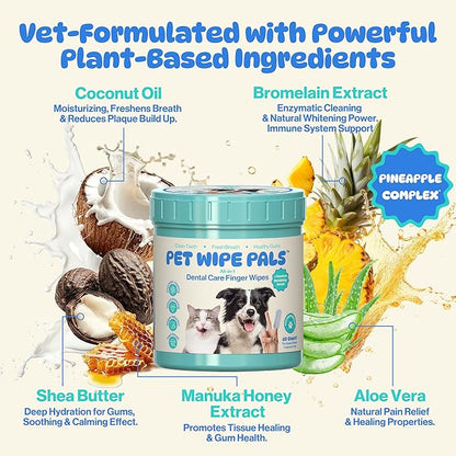 All-in-1 Dog Teeth Cleaning Wipes | Enzymatic Whitening + Premium Scrubbing Beads | No Mess, Pet Dental Wipes &amp; Finger Tooth Brushing Kit | Plant-Based Dental Care for Cats &amp; Dogs (60 Count)