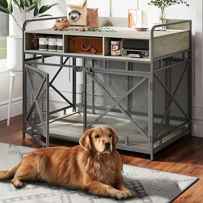 Dog Crate Furniture, 43" Heavy Duty Wooden Dog Crate End Table, XL Dog Kennel Furniture Large Breed, Decorative Dog Kennel Indoor with 3 Drawers &amp; Steel Tubes 43" L x28 W x36 H (Grey)