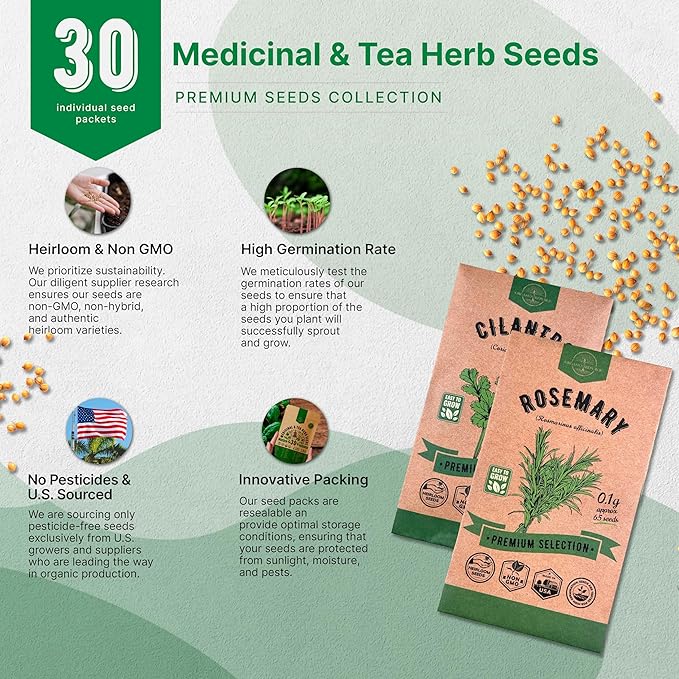 Organo Republic 30 Medicinal &amp; Tea Herb Seeds Variety Pack 15,560+ Non-GMO Heirloom Garden Seeds for Indoor &amp; Outdoors, Including Anise, Bergamot, Borage, Cilantro, Chamomile, Dandelion Seeds