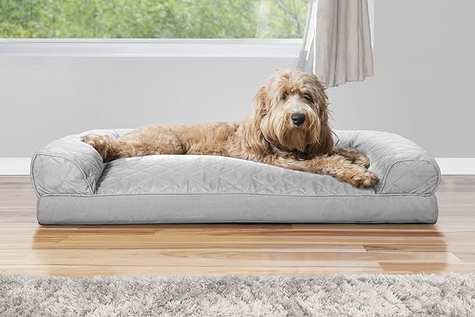 Furhaven Pillow Dog Bed for Large/Medium Dogs w/ Removable Bolsters &amp; Washable Cover - Quilted Sofa - Silver Gray, Large