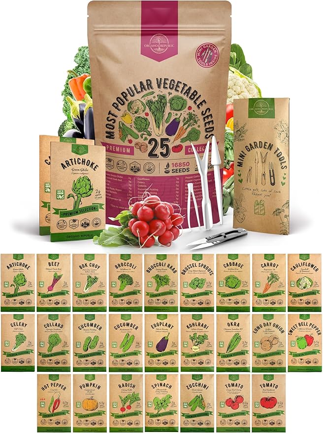 Organo Republic 25 Vegetable Seeds Variety Pack - 16,850+ Non-GMO Heirloom Seeds for Planting Vegetables &amp; Fruits in Individual Seed Packets, Home Garden Seed for Hydroponic, Indoor &amp; Outdoor Garden