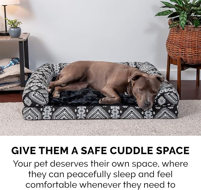 Furhaven Orthopedic Dog Bed for Large Dogs w/ Removable Bolsters &amp; Washable Cover, For Dogs Up to 95 lbs - Plush &amp; Southwest Kilim Woven Decor Sofa - Black Medallion, Jumbo/XL