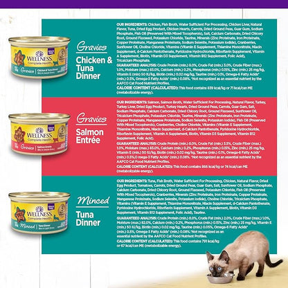 Wellness Complete Health Gravy &amp; Minced Adult Wet Cat Food, Natural, Protein-Rich, Grain Free, 3 Ounce, 12 Pack, (Salmon, Tuna, and Chicken Variety Pack)