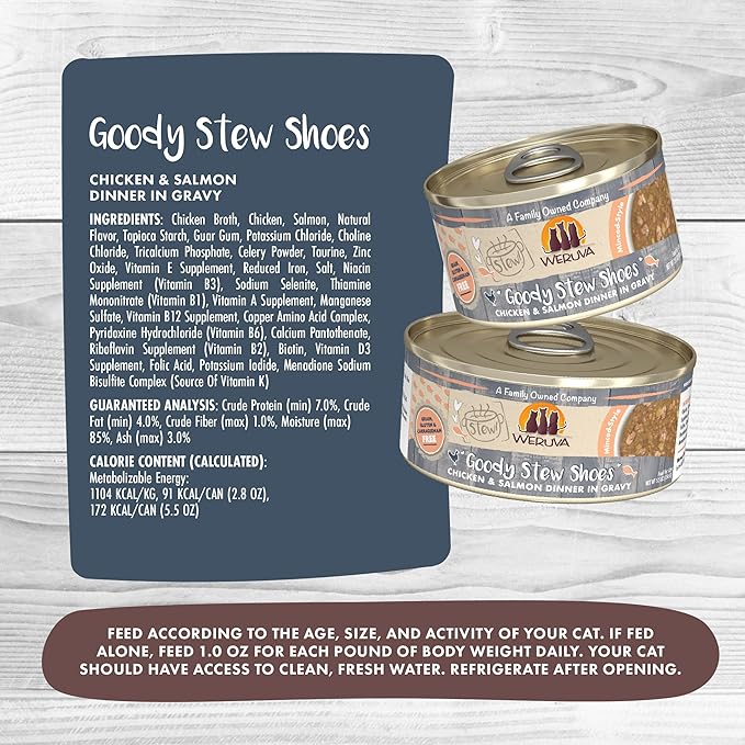 Weruva Classic Cat Stews!, Goody Stew Shoes with Chicken &amp; Salmon in Gravy, 5.5oz Can (Pack of 8)
