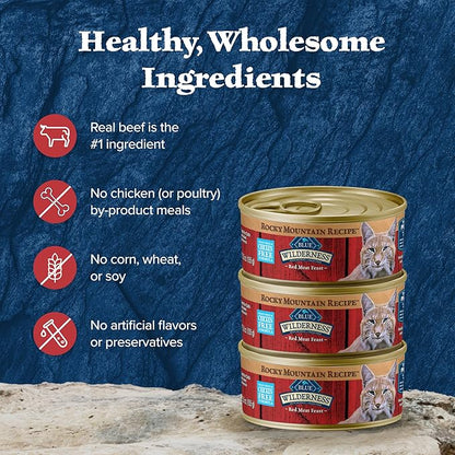 Blue Buffalo Wilderness Rocky Mountain Recipe Adult Wet Cat Food Paté, Chicken-Free &amp; Grain-Free Recipe, Made with Natural Ingredients, Red Meat Feast, 5.5-oz. Cans (24 Count)