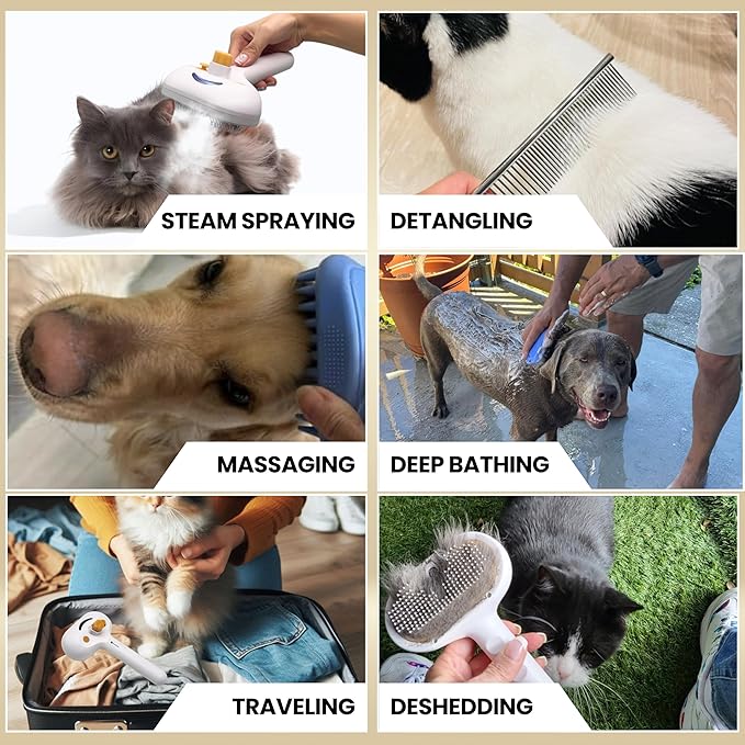 Self Cleaning Steam Brush for Cat Dog, 4 in 1 Pet Brushes for Shedding &amp; Grooming, Bath Massage &amp; Water/Mist Slicker Brush for Long Haired Cats &amp; Dogs- Pet Grooming Brushes with Spray for Cats