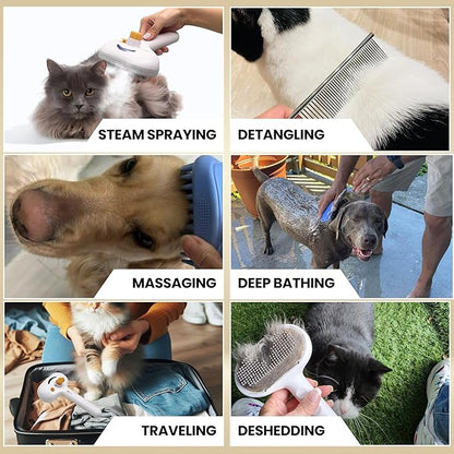 Self Cleaning Steam Brush for Cat Dog, 4 in 1 Pet Brushes for Shedding &amp; Grooming, Bath Massage &amp; Water/Mist Slicker Brush for Long Haired Cats &amp; Dogs- Pet Grooming Brushes with Spray for Cats