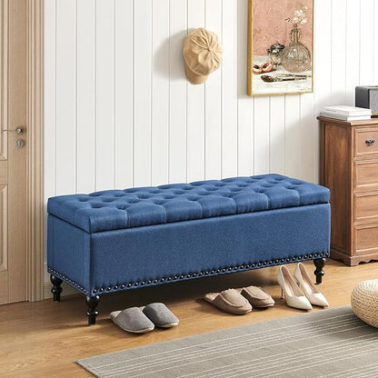 Ottoman with Storage,50.2-inch Upholstered End of Bed Storage Bench for Bedroom,for The Living Room,for Entryway, with Rivets &amp; Button and Safety Hinges,Detachable (Blue)