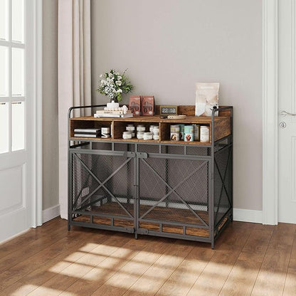 Dog Crate Furniture, 48" Heavy Duty Wooden Dog Crate End Table, XL Dog Kennel Furniture Large Breed, Decorative Dog Kennel Indoor with 3 Drawers &amp; Steel Tubes 48" L x28 W x38 H (Rustic Brown)