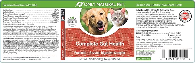 Only Natural Pet Complete Gut Health Complex - Probiotics &amp; Digestive Enzyme Supplement for Dogs &amp; Cats - Promotes Healthy Digestion, Immune System, Nutrient Absorption - Made in USA -3.5oz Powder