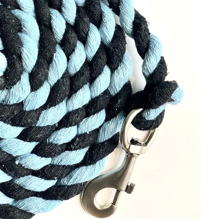 Majestic Ally Pack of 2 Solid Cotton Lead Rope for Horses &amp; Livestock – 10 Foot Long and 5/8 inch Thick - Replaceable Heavy-Duty Satin Bolt Snap – Handmade – Soft, Broken in Feel (Sky Blue - Black)