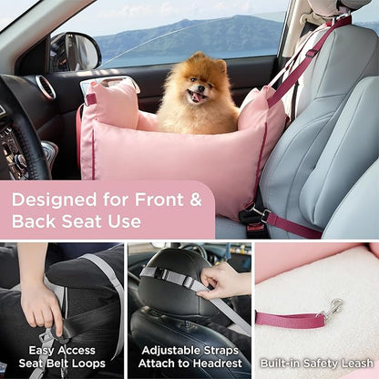 Lesure Small Dog Car Seat for Small Dogs -Soft Dog Booster Seat for Car with Storage Pocket and Clip-On Safety Leash and Thickened Memory Foam Filling, Pet Travel Carrier Bed Strawberry Cream
