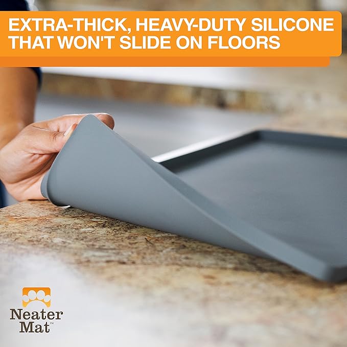 Neater Pet Brands Neater Mat Pet Mats for Food and Water, Cat &amp; Dog Bowl Mat Waterproof Silicone, Feeding Tray, Dog Food Mats for Floors, Placemat w/Raised Edge for Under Bowls, 16” x 10”, Grey