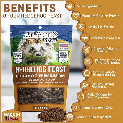 Atlantic Rush Hedgehog Feast Premium Food - 2lb Resealable Bag of Hedge Hog Delite- Small Critter Supplies Hedge Hog Food - Hedgehog Treats- Sourced &amp; Made in The USA