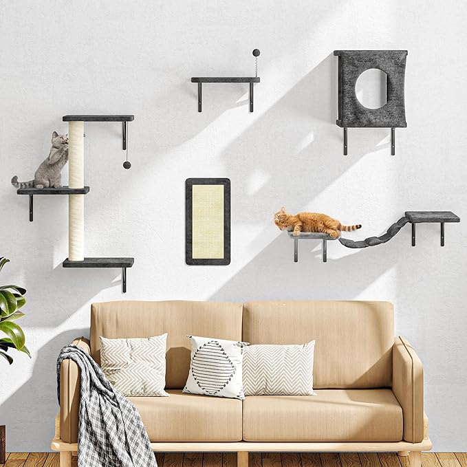 NUNU LAB Wall Mounted Cat Furniture, 5 Pcs Cat Wall Shelves with House, Bridge, Steps, Scratching Post, Shelves, Indoor Safe &amp; Stable Furniture for Kittens Play, Gray