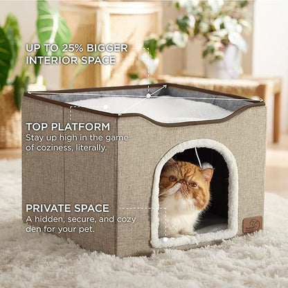 Bedsure Cat Beds for Indoor Cats - Large Cat Cave for Pet Cat House with Fluffy Ball Hanging and Scratch Pad, Foldable Cat Hideaway, 16.5x16.5x13 inches, Brown