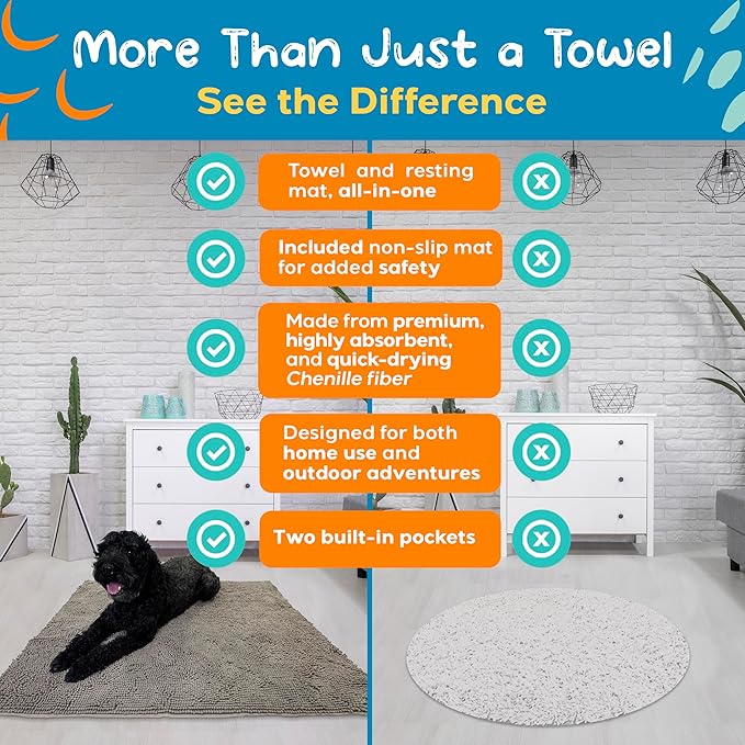 Pet 2-in-1 Dog Towel &amp; Mat – Transforms from Drying to Bath Mat, Ultra Soft, Absorbent &amp; Quick-Drying, Machine Washable Dog Towels with Detachable Non-Slip Mat and Hand Pockets (Large)