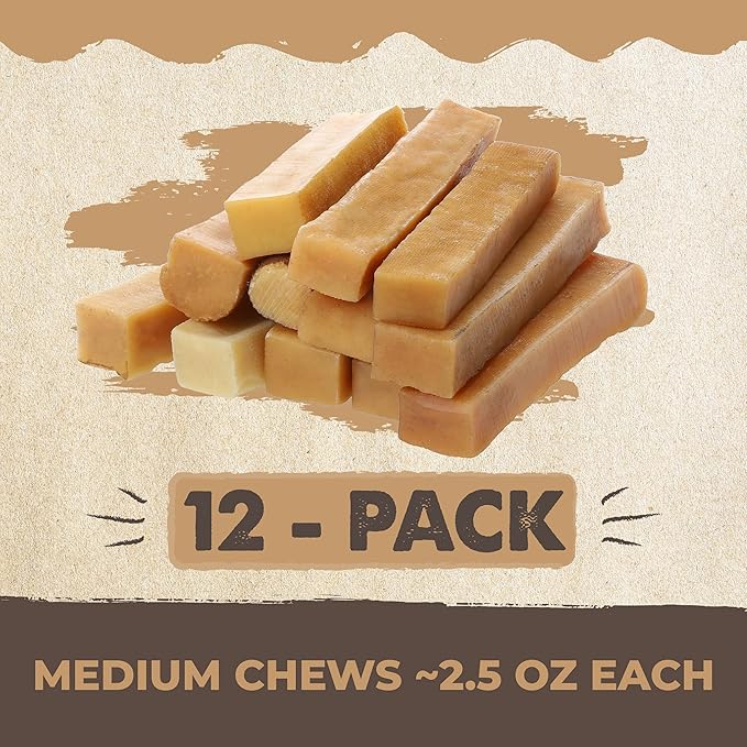 Mighty Paw Yak Cheese Chews for Dogs, All Natural Long Lasting Pet Treats. Odorless &amp; Great for Oral Health. Limited Ingredient Chews for Puppies &amp; Power Chewers (Medium, 12 Pack)1 Count (Pack of 1)