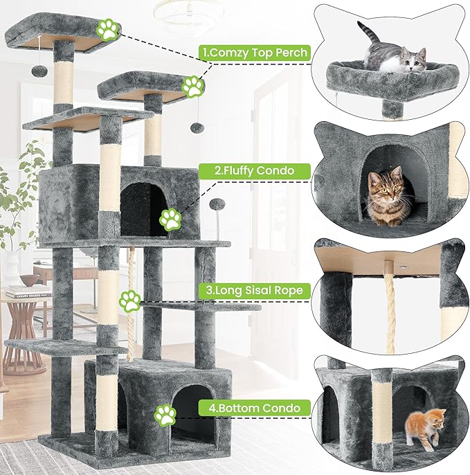 69in Large Cat Tree Tower for Indoor Cats with Soft Plush Hang Ball, Two Condos, Sisal Scratch Posts &amp; Rope Play for Kittens/Adult Cats, Grey