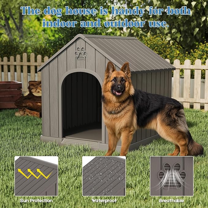 Large Dog House Outdoor Indoor for Medium Large Dogs, Durable Plastic Waterproof Doghouse with Air Vents and Elevated Floor, Easy Clean and Assemble (Grey, 36.2&