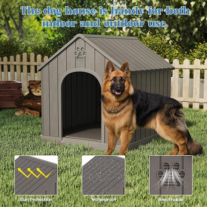 Large Dog House Outdoor Indoor for Medium Large Dogs, Durable Plastic Waterproof Doghouse with Air Vents and Elevated Floor, Easy Clean and Assemble (Grey, 36.2&