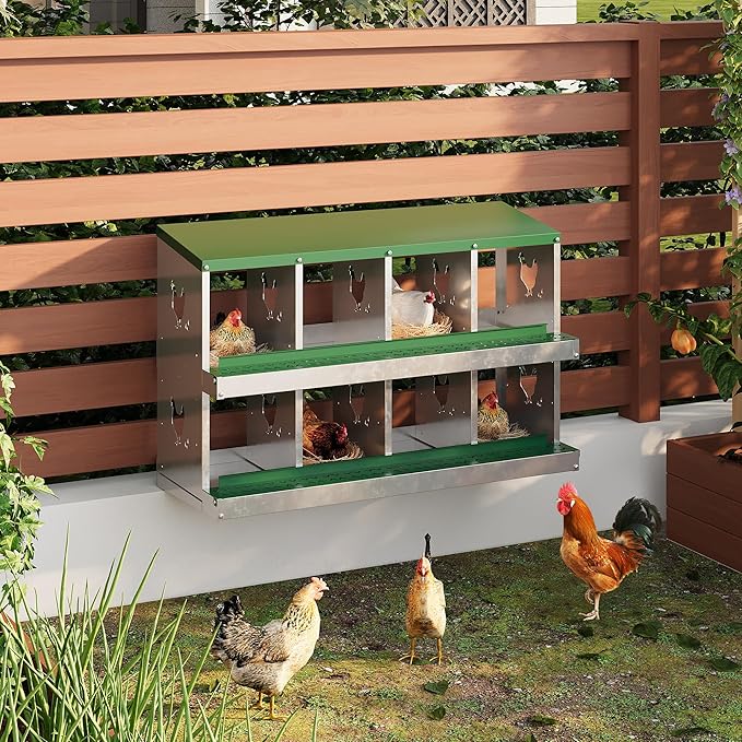 8 Hole Chicken Nesting Box with Roll Out Egg Tray, Rustproof &amp; Ventilated Chicken Laying Boxes for Hens, Chickens, Ducks | Easy-Clean Poultry Coop Accessories