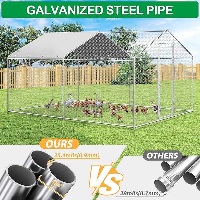 Large Metal Chicken Coop, Walk-in Chicken Run Pen with Waterproof Cover, Spire Roof Poultry Cage Run for Outdoors, Backyard, Farm(9.7&