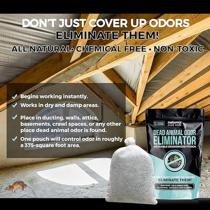 Dead Animal Smell Eliminator Pouch – Fragrance-Free, Reusable Deodorizer for Attic, Wall, Crawlspaces. Removes Decay Odor, Pet &amp; Kid Safe, Extra Large, Covers Up to 375 Sq Ft.