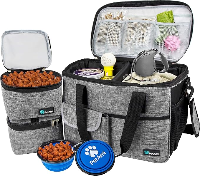 PetAmi Dog Travel Bag - Organizer with Food Container, Bowls &amp; Accessories for Weekend Camping, Cat Diaper Bag (Grey, Medium)