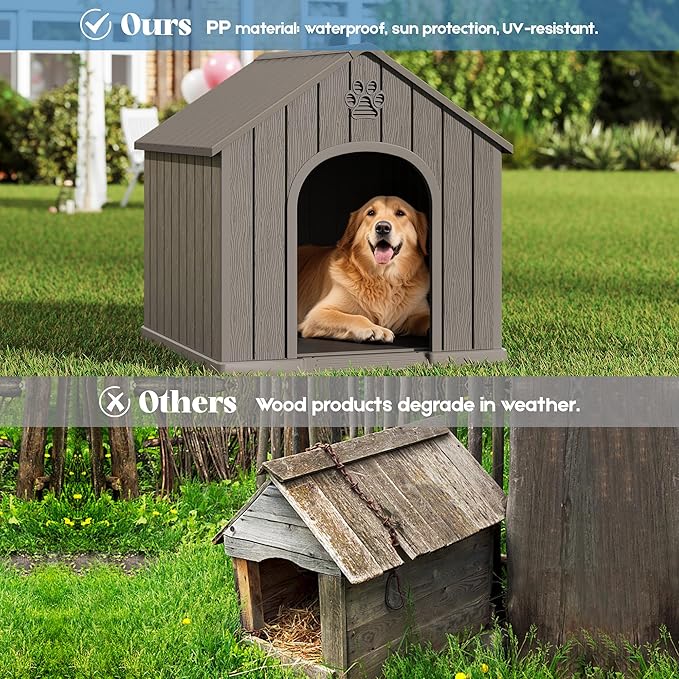 Large Dog House Outdoor Indoor for Medium Large Dogs, Durable Plastic Waterproof Doghouse with Air Vents and Elevated Floor, Easy Clean and Assemble (Grey, 36.2&