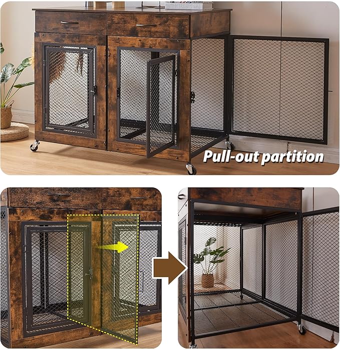 43" Large Dog Crate Furniture, Wood Dog Kennel End Table with Drawers, Decorative Pet Crate with Removable Partitions &amp; Wheels, Dog House Indoor for Large/Medium/Small Dogs