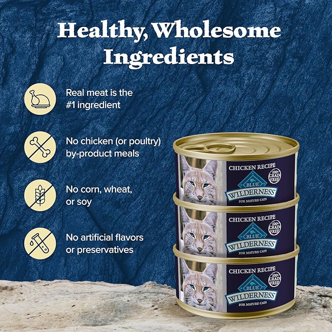 Blue Buffalo Wilderness High-Protein &amp; Grain-Free Wet Cat Food Paté for Adult Cats 7+, Made with Natural Ingredients, Chicken Recipe, 3-oz. Cans (24 Count)