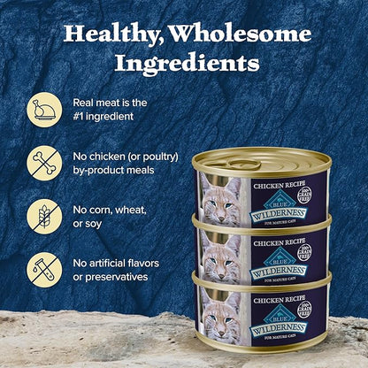 Blue Buffalo Wilderness High-Protein &amp; Grain-Free Wet Cat Food Paté for Adult Cats 7+, Made with Natural Ingredients, Chicken Recipe, 3-oz. Cans (24 Count)