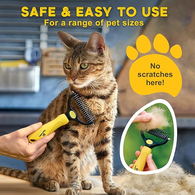 Deshedding Dog Brush - Double-Sided Pet Hair Remover for Cats &amp; Dogs - Yellow Undercoat Grooming Rake for Shedding and Dematting