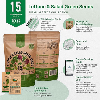 Organo Republic 15 Lettuce &amp; Salad Greens Seeds Variety Pack 17700+ Non-GMO Heirloom Lettuce Seeds for Indoors &amp; Outdoors Garden, Hydroponics, Aerogarden - Arugula, Kale, Spinach, Swiss Chard, Lettuce