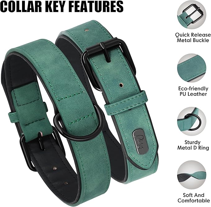 Didog Soft Padded Leather Dog Collar, Breathable Heavy Duty Dog Collar Leather with Adjustable Rust-Proof Metal Buckle for Small Medium Large Dogs, Green, M: Total length 16&